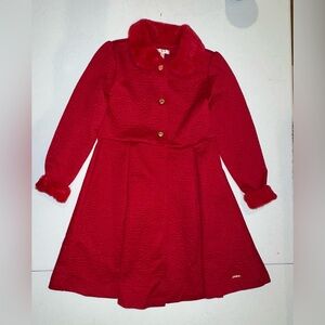Tahari Red Quilted & Faux Fur Textured Holiday Coat with Gold Accent Buttons